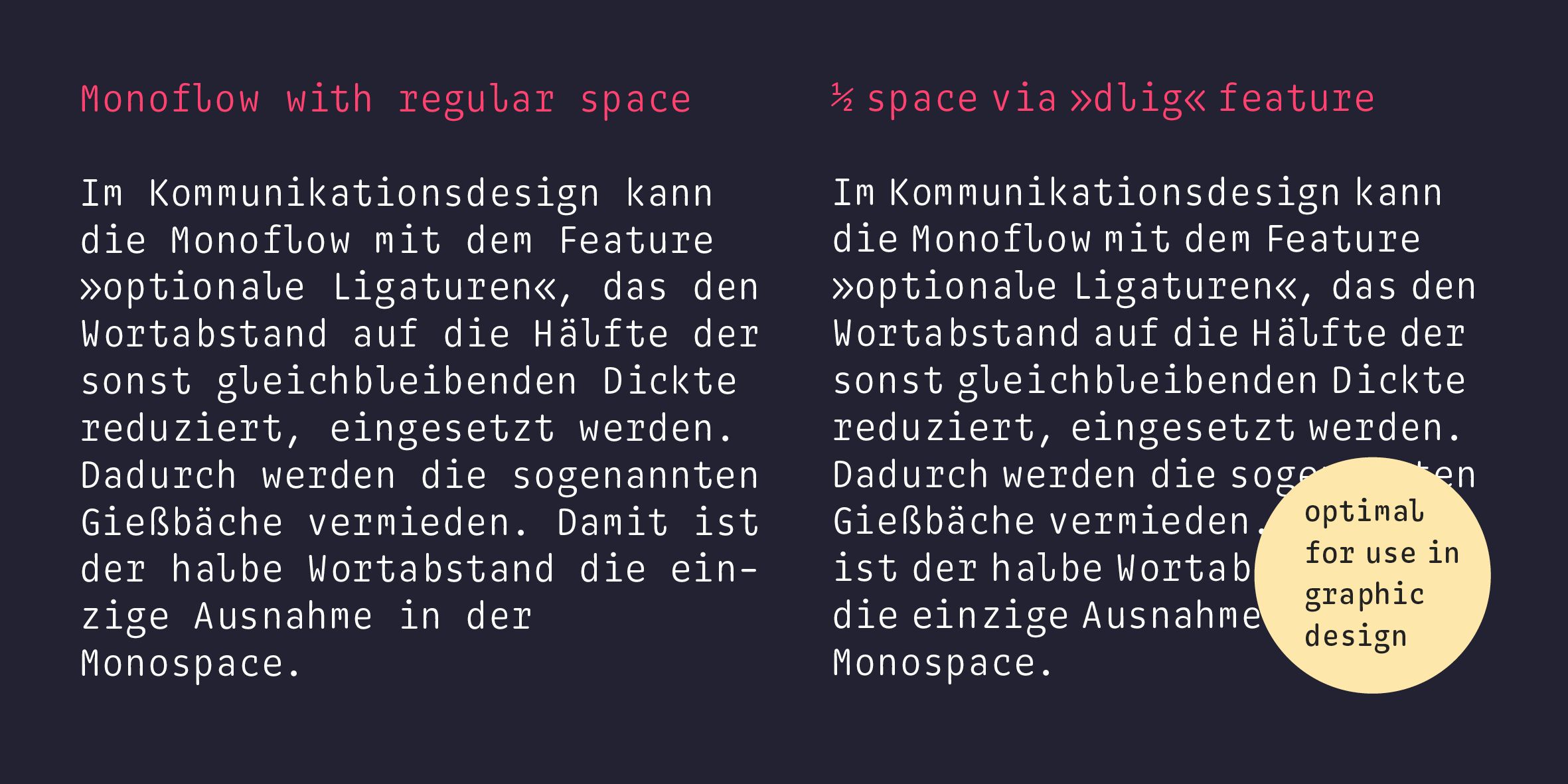 Monoflow Poster: Gegenüberstellung Fließtext mit regulärem Leerzeichen und mit halbem Leerzeichen (integriert via OpenType feature 