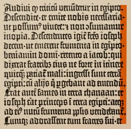 fragment of a column of gutenberg’s b42 with emphasis on the slightly ragged right margin
